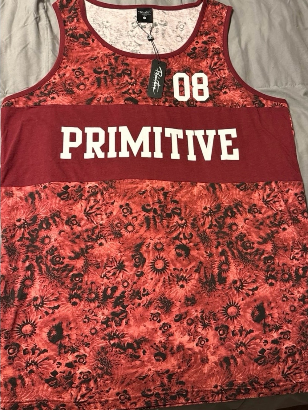 Primitive Red Floral Panel Tank with White Logo